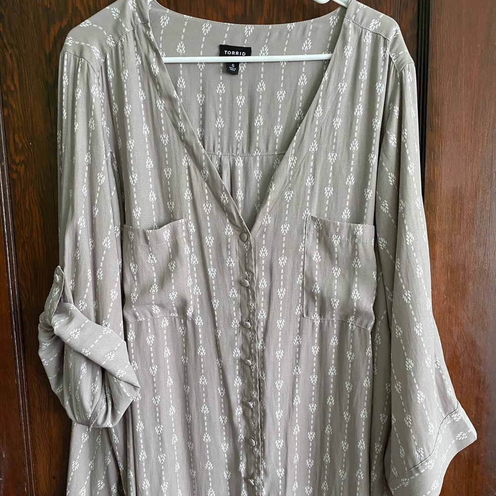 Gray and white button down top
